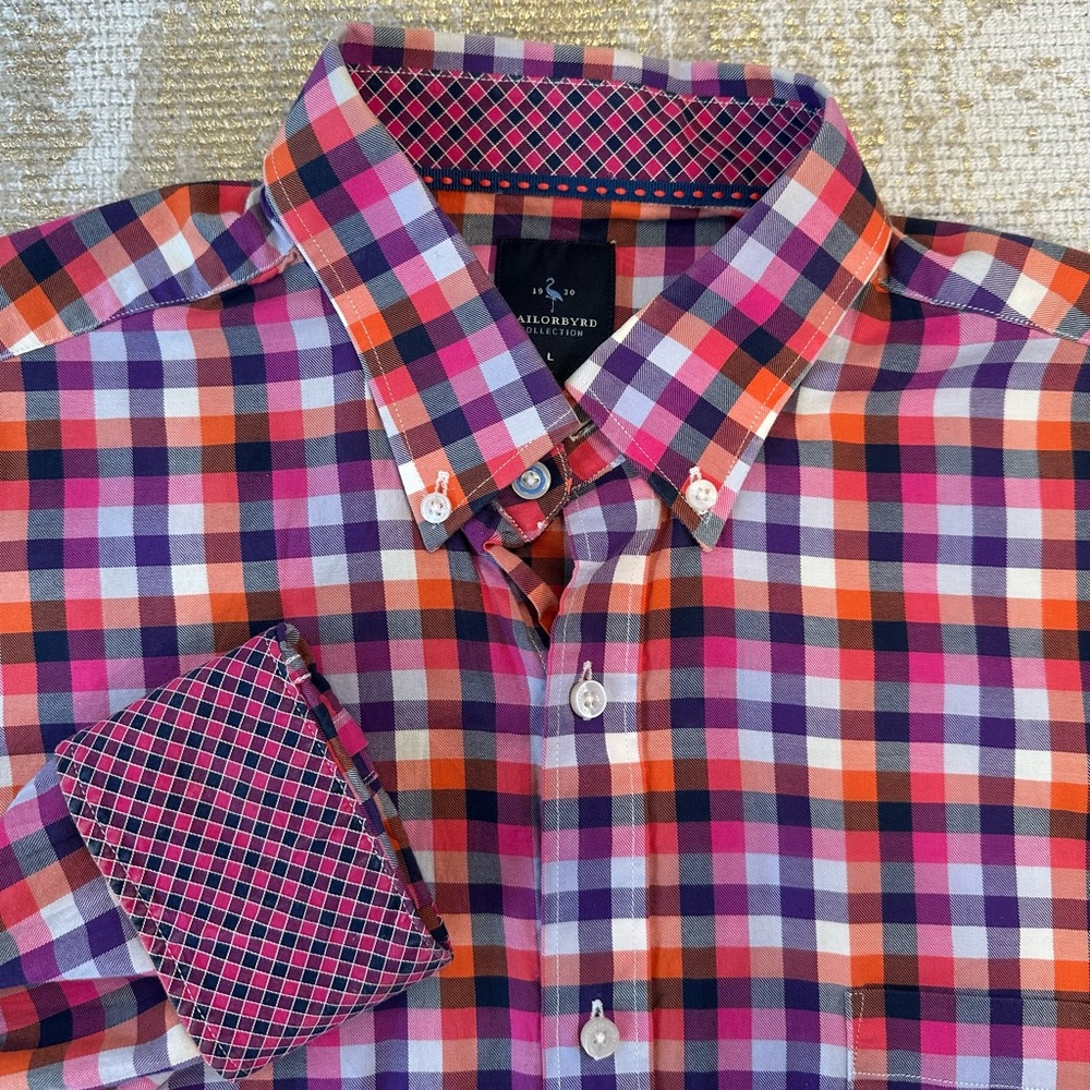 TAILORBYRD Mens Navy Pink Purple Orange Check Button Down | Size Large
